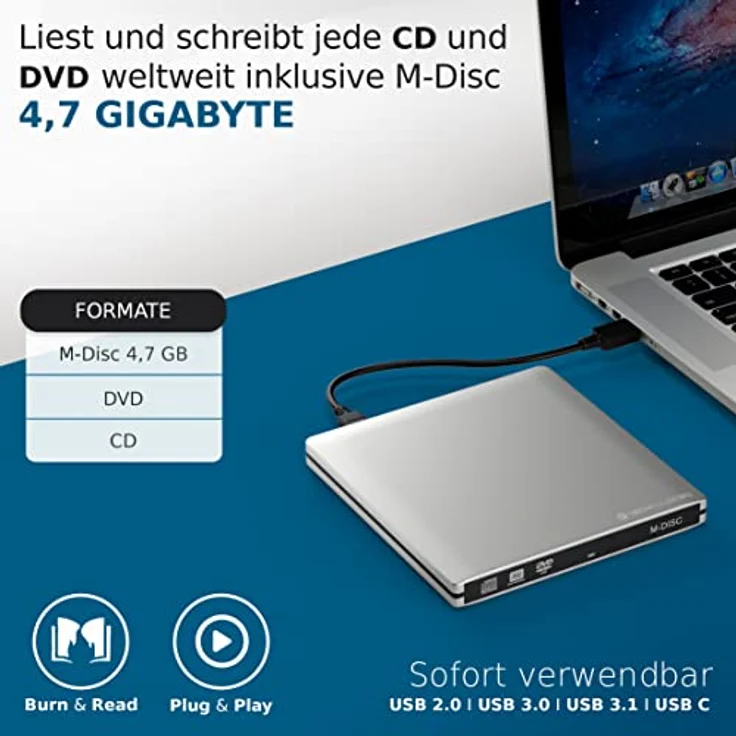techPulse120 USB 3.1 Type C M-Disc externer DVDRW CDRW Brenner Writer Alu Silber Burner Superdrive Laufwerk DVD CD Ultra Slim für Computer Notebook Ultrabook Windows 10 Mac OS Apple iMAC MacBook – Bild 2