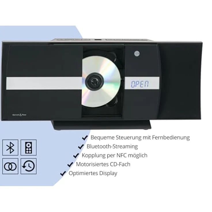 Bennett & Ross Ålesund Vertikal Stereoanlage - HiFi Microanlage mit CD-Player, MP3, UKW-Funktion, USB und Bluetooth mit NFC - Fernbedienung - Schwarz – Bild 5