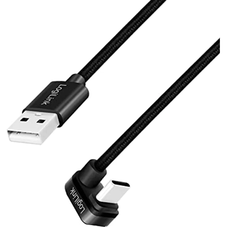 LogiLink USB 2.0 Typ-C Anschlusskabel, USB-C Stecker (180° gewinkelt) zu USB-A Stecker (gerade), Farbe: Schwarz, 1 m
