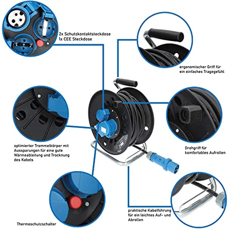 KALLE DAS KABEL CEE-Campingkabeltrommel KTG mit Adapter, IP44, 25m H07RN-F 2,5mm², Blau – Bild 3