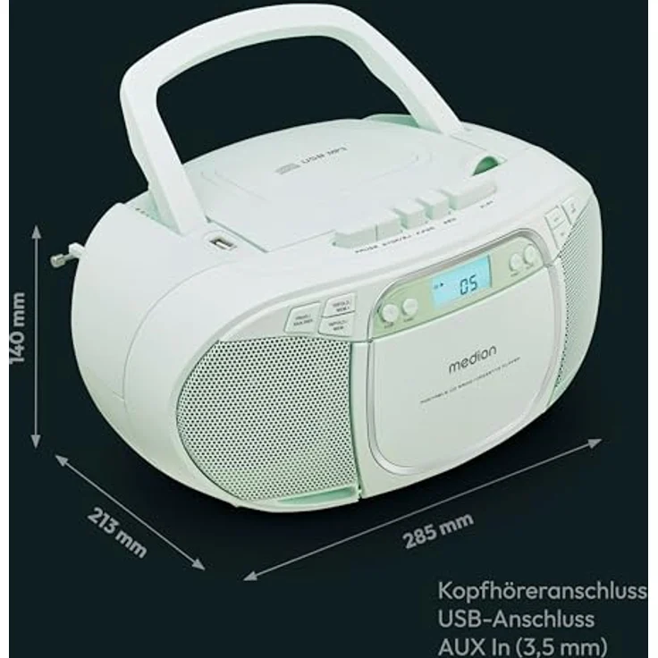 Medion LIFE E66476 CD-/MP3-/Kassettenplayer mit LCD-Display, PLL-UKW Stereo-Radio, USB-Anschluss, grün – Bild 7