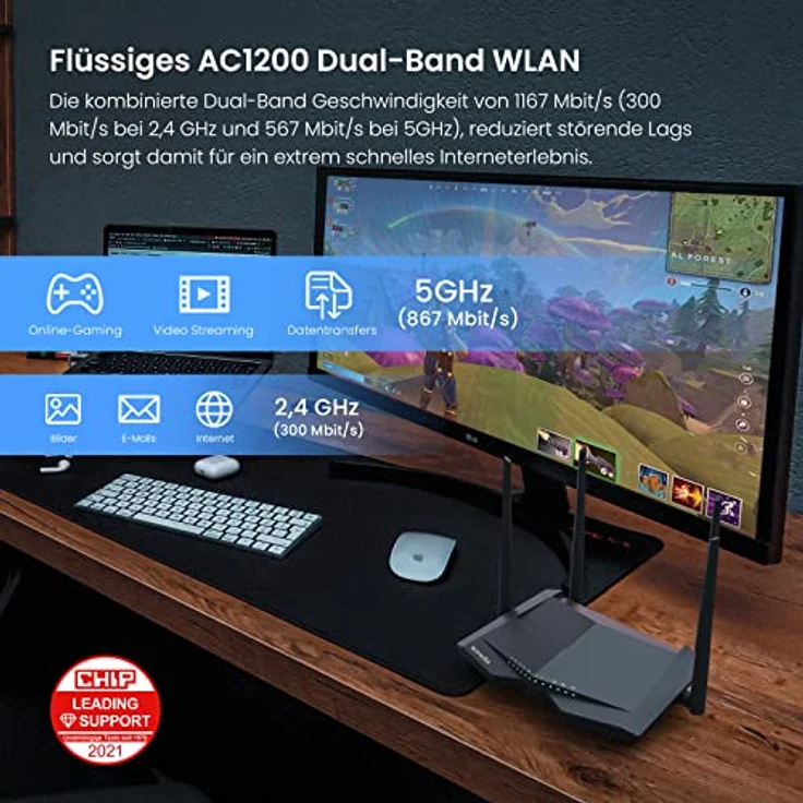 Tenda V12 Modem Router(AC1200 300 Mbit/s bei 2,4GHz + 867 Mbit/s bei 5GHz, 3x Gigabit-LAN-Port +1x Gigabit-WAN) Beamforming, Unterstütztes VPN/IPTV/IPv6/ WPS|100-240V |50/60Hz ≤ 18 W Leistungsaufnahme – Bild 3