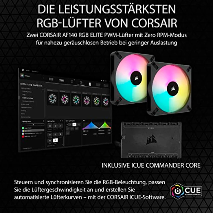 Corsair iCUE H115i Elite CAPELLIX XT Flüssig-CPU-Kühler - Zwei AF140 RGB Elite-Lüfter - 280-mm-Radiator - Intel LGA 1700, 1200, 115X, 2066, AMD AM5, AM4 - Inklusive iCUE Commander CORE - Schwarz – Bild 3