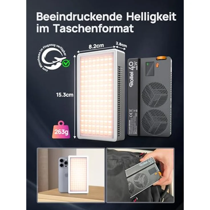 Rollei Lumis 40W RGB Led Videoleuchte, Kamera Licht mit Eingebautem Akku und Typ-C-Aufladung, 5645 Lux CRI/TLCI 97+, 263g Fotolampe für Fotostudios Live Streaming YouTube TikTok – Bild 5