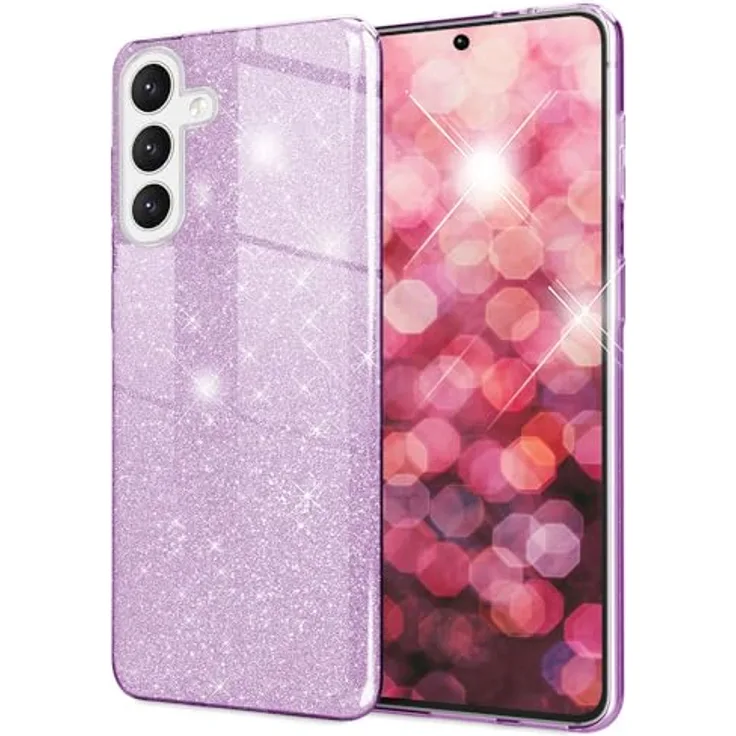 NALIA Stabile Glitzerhülle kompatibel mit Samsung Galaxy S24, Stoßfeste Funkelnde Glitzer Handyhülle, Glamour Schutz Cover, Lila