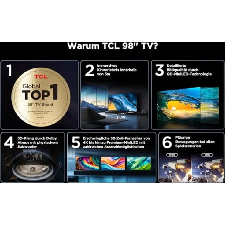 TCL 98P743 98-Zoll 4K Fernseher, WCG, UHD, HDR PRO, 144Hz, Motion Clarity PRO, Dolby Vision IQ, Dolby Atmos, AIPQ, Game Master Pro 2.0, Smart TV unterstützt von Google TV, Kompatibel mit Alexa - Schwarz – Bild 2