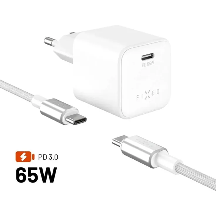 FIXED Mini GaN Wall Charger 65W, Wandladegerät mit 2m USB-C-Kabel, weiß, Power Delivery 3.0, GaN-Technologie