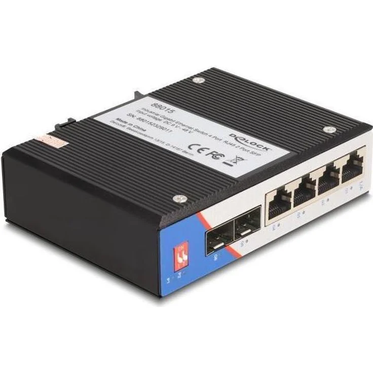 Delock Industrie Gigabit Ethernet Switch 4 Port RJ45 2 Port SFP fГјr Hutschiene, Schwarz - Redundante Spannungsversorgung, VLAN Port Isolation – Bild 1