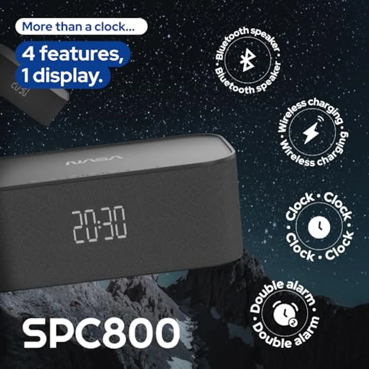 NASA SPC800 Wecker – Radiowecker mit 10 W RMS Bluetooth-Lautsprecher, kabelloses Laden 5 W, doppelter Alarm, Stereo-Effekt, LED-Licht, wiederaufladbarer Lithium-Akku – Schwarz – Bild 2