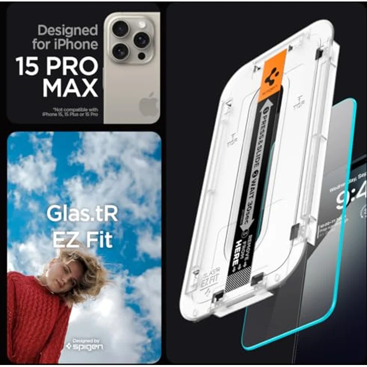 Spigen Glas.tR EZ Fit Displayschutzfolie kompatibel mit iPhone 15 Pro Max, 2 Stück, Kratzfest, 9H Härte, Transparent – Bild 3