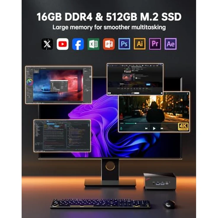 NiPoGi AM06 PRO Mini PC, AMD Ryzen 7 5700U, 16GB DDR4, 512GB M.2 SSD, 4K Triple Display, WiFi 6, Dual LAN, für Schule/Büro – Bild 5