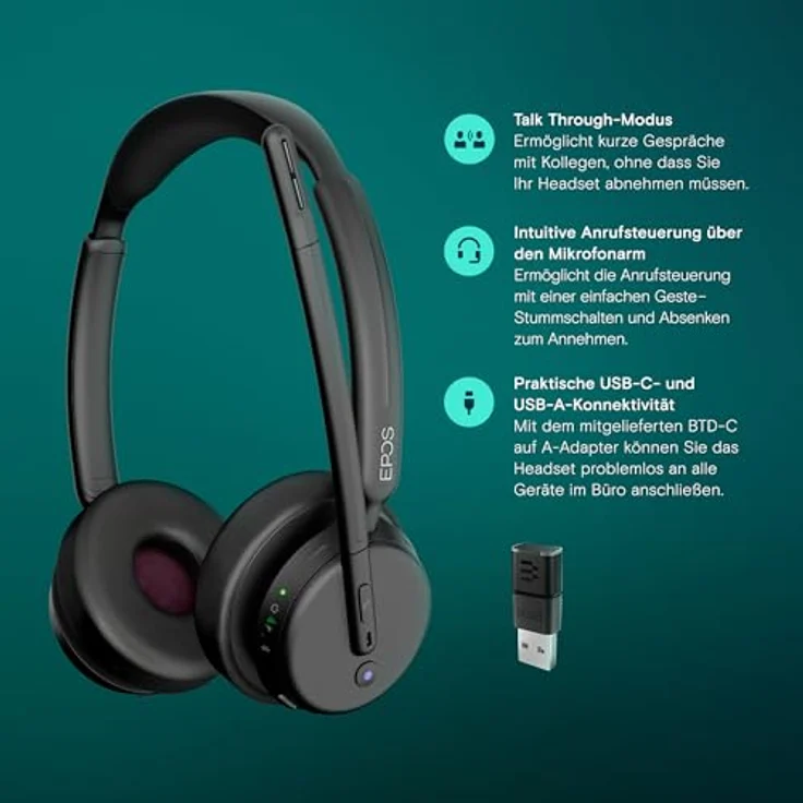 EPOS Impact 500 ANC, Kabelloses Headset mit aktiver Geräuschunterdrückung, Teams Zertifiziert, USB-C & USB-A, 35 Stunden Akkulaufzeit – Bild 3