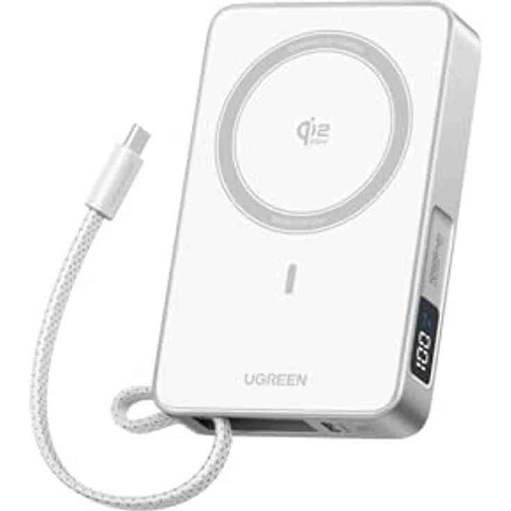 UGREEN MagFlow Magnetische Powerbank 10000mAh 25W, Qi2 Magsafe mit integriertem USB-C Kabel, LED-Bildschirm und PD30W Schnellladung für iPhone 16-17, Weiß – Bild 1