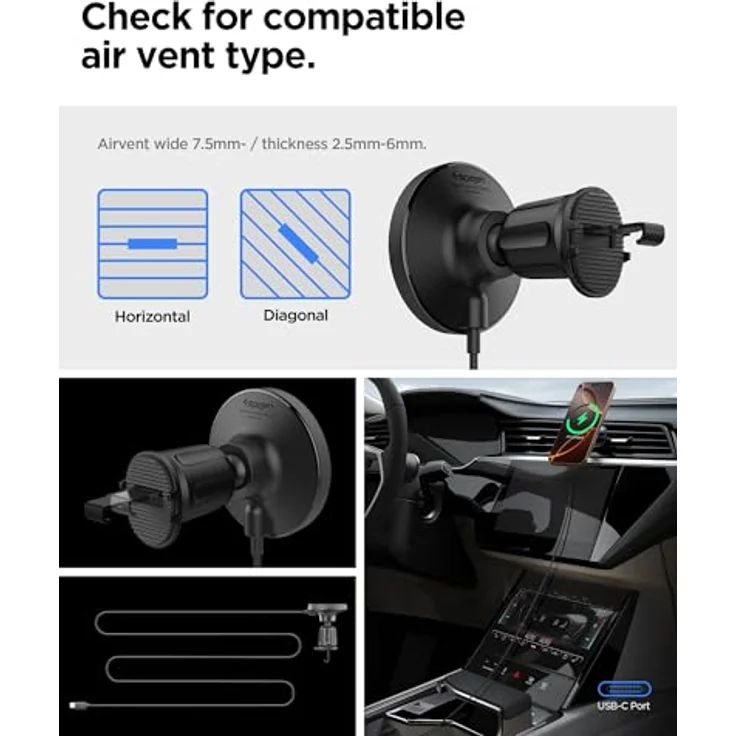 Spigen OneTap Pro 4 MagSafe Car Mount Charger, kabelloses Autoladegerät mit AirVent-Haken, schwarz – Bild 7