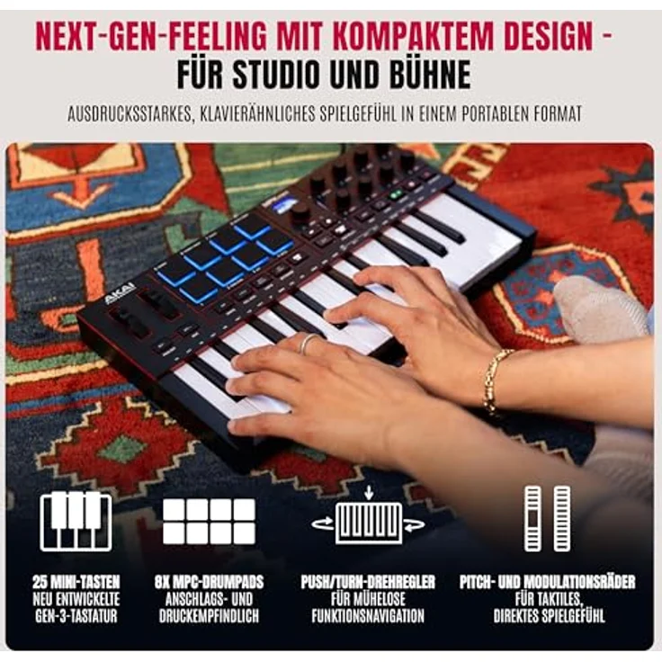 Akai Professional MPK Mini IV, USB-C MIDI Keyboard Controller mit 25 anschlagdynamischen Tasten, 8 MPC Drum Pads, DAW-Integration, 1000+ Sounds, Schwarz – Bild 3