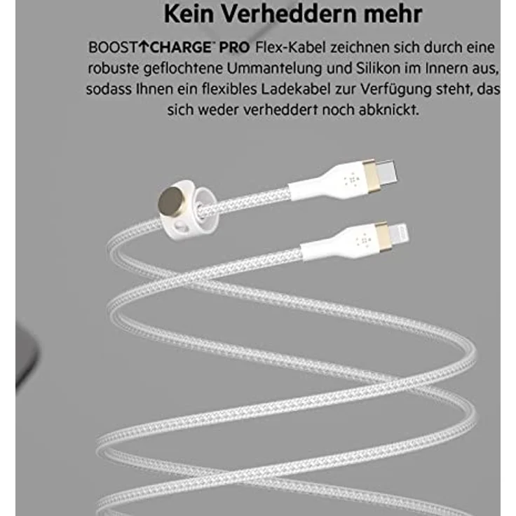 Belkin BOOST CHARGE PRO Flex USB-C-zu-Lightning Kabel, 3m, 15W, mfi-zertifiziert, weiß – Bild 4