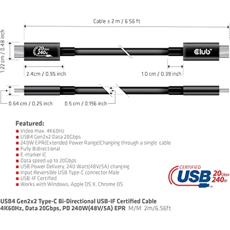 Club 3D USB4 Gen2x2 Typ-C Bi-Direktionales USB-IF Zertifiziertes Kabel 4K60Hz, Daten 20Gbps, PD 240W EPR St./St. 2m – Bild 5