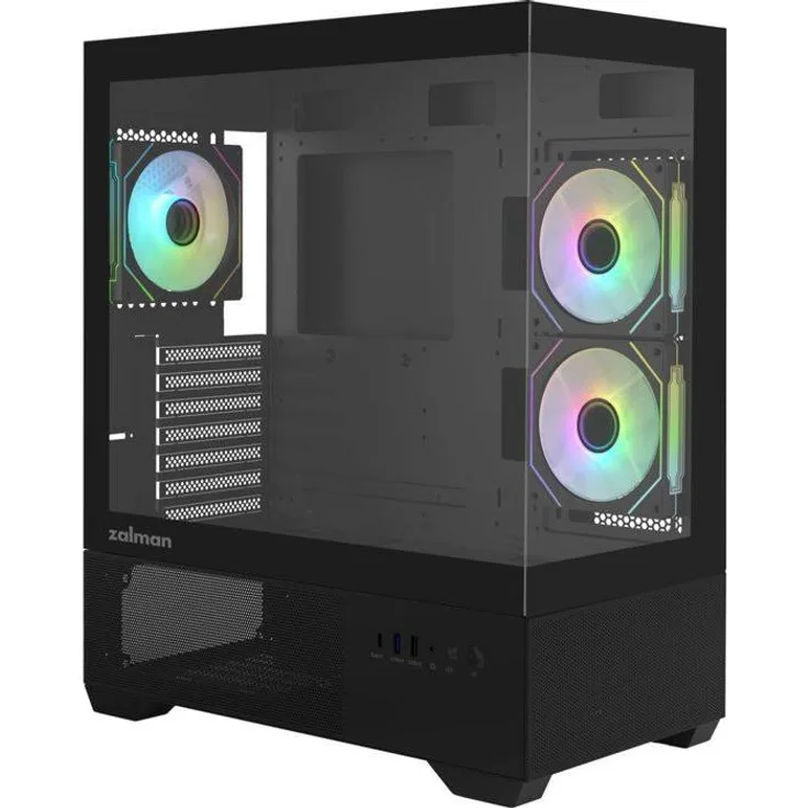 ZALMAN CHRONIX V2 ZM-CHROV2BK, Midi-Tower PC-Gehäuse in Schwarz mit 3 x 120-mm-A-RGB-LEDs, ATX-Formfaktor, gehärtetes Glas