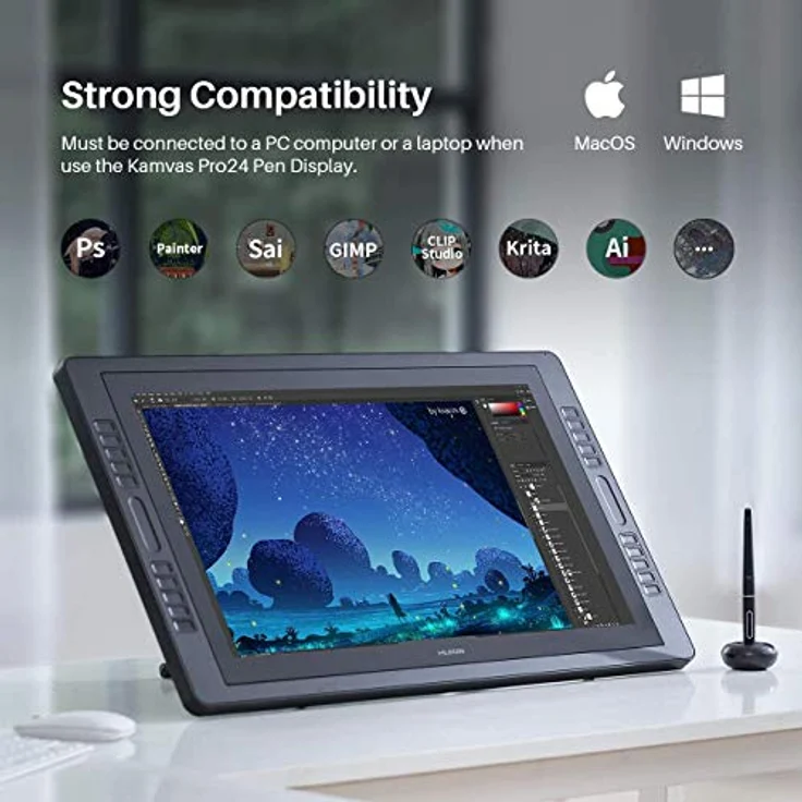 HUION Kamvas Pro 13 Grafiktablett mit Display, 13,3 Zoll HD Pen Batterieloser Stift PW507, 4 Drucktasten+1 Touch-Leiste, Schwarz – Bild 4
