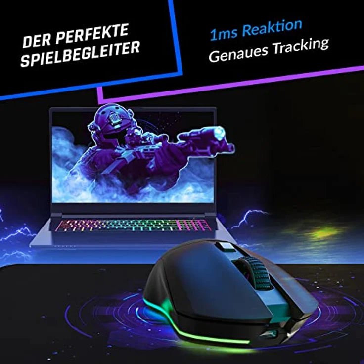 KLIM Blaze Pro Wiederaufladbare kabellose Maus - NEU 2024 - Gaming Maus mit RGB und Ladestation - Hochpräziser Sensor - Bis zu 6000 DPI - Für PC - Mattschwarz – Bild 3