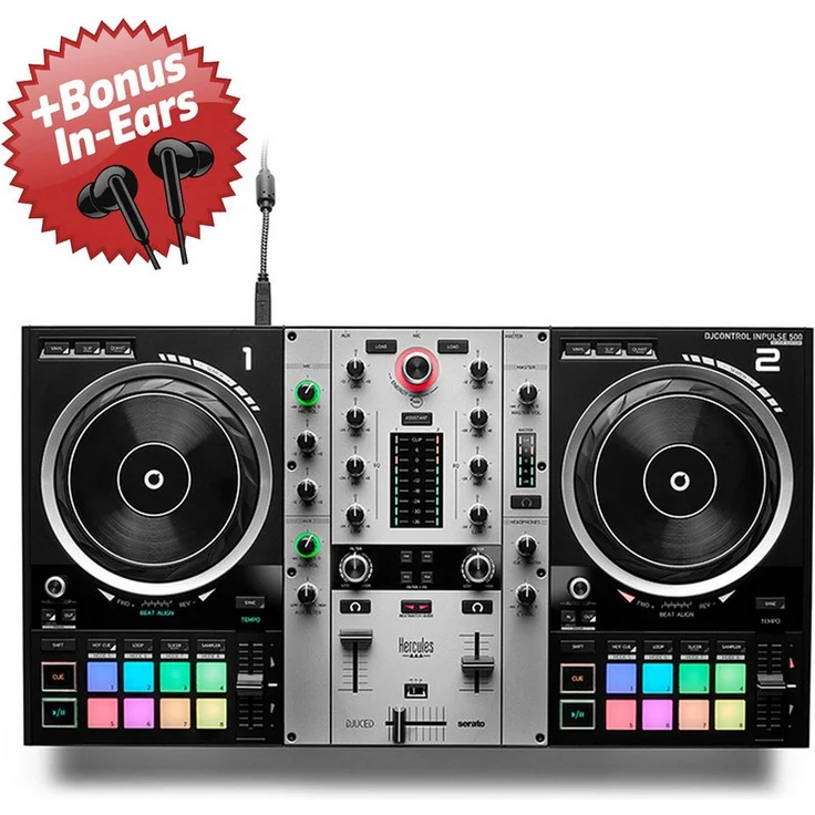 HERCULES DJ Controller Inpulse 500 Silver Edition, 2-Deck USB Controller mit 16 RGB Pads, inklusive Serato DJ Lite und DJUCED Software, Bonus In-Ear Kopfhörer