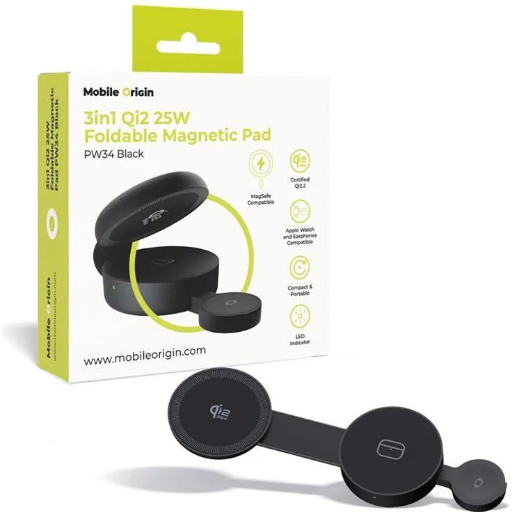 Mobile Origin MO-PW34-BLK, 3-in-1 Qi2 25W kabelloses Ladegerät für Smartphone, Uhr und Kopfhörer, faltbares Design, schwarz