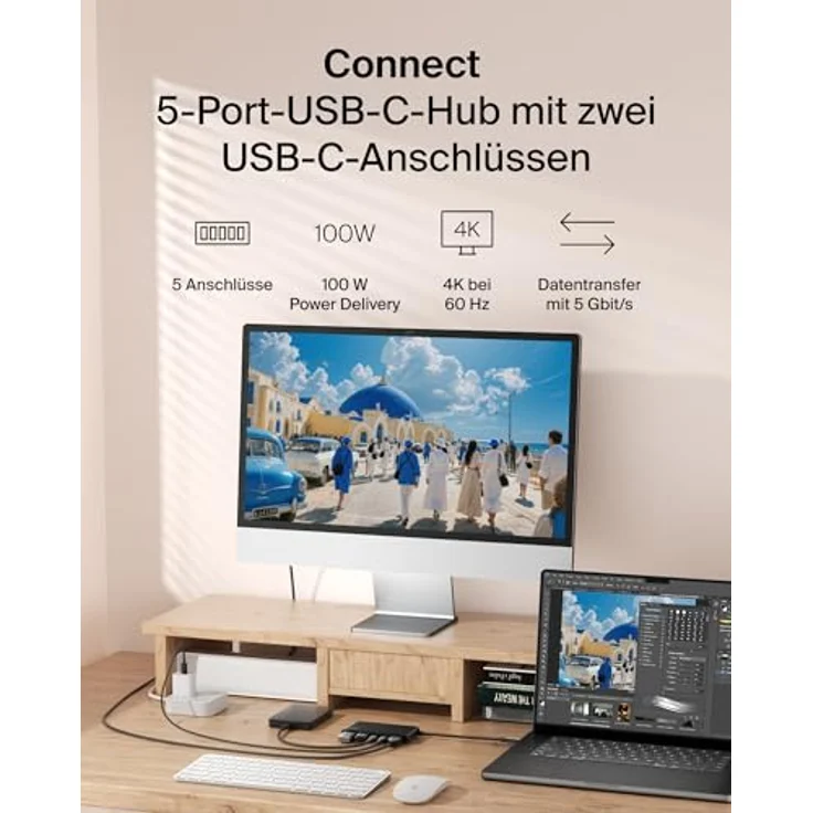 Belkin USB C Hub 5-in-1 Docking Station, 4K HDMI 60 Hz, 100 W Power Delivery, 5 Gbit/s Datentransfer, USB-C Adapter für MacBook, iPad Pro – Schwarz – Bild 2