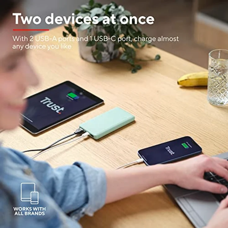 Trust Mobile Primo Dünne Powerbank Schnellladefunktion 10000 mAh, Nachhaltig, USB C Externer Akku, Tragbares Ladegerät 3A, Power Bank Handy, Smartphone, iPhone, iPad, Samsung, Xiaomi - Grün – Bild 4