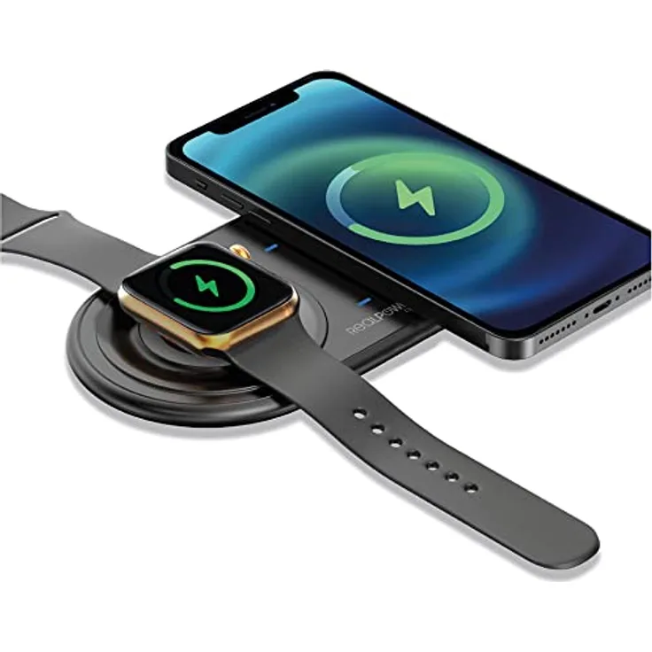 RealPower ChargeAIR Duo Wireless Charger Ladepad, Kabellose 15W QI Ladestation, Kompatibel mit iPhone 14 13 12 11Pro Max/SE/X/XS/8,Apple Airpods 3/2, Apple Watch Samsung Galaxy 22/Note/Galaxy Watch