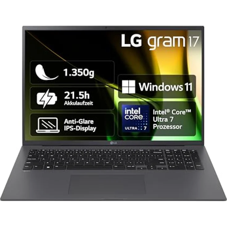 LG Gram 17 2024 17Z90S-G.AA79G 17 Zoll Notebook - 1350g Intel Core Ultra7 Laptop (16GB RAM, 1TB Dual SSD, 21,5h Akkulaufzeit, IPS Panel Anti-Glare Display, Win 11 Home) - Grau – Bild 1