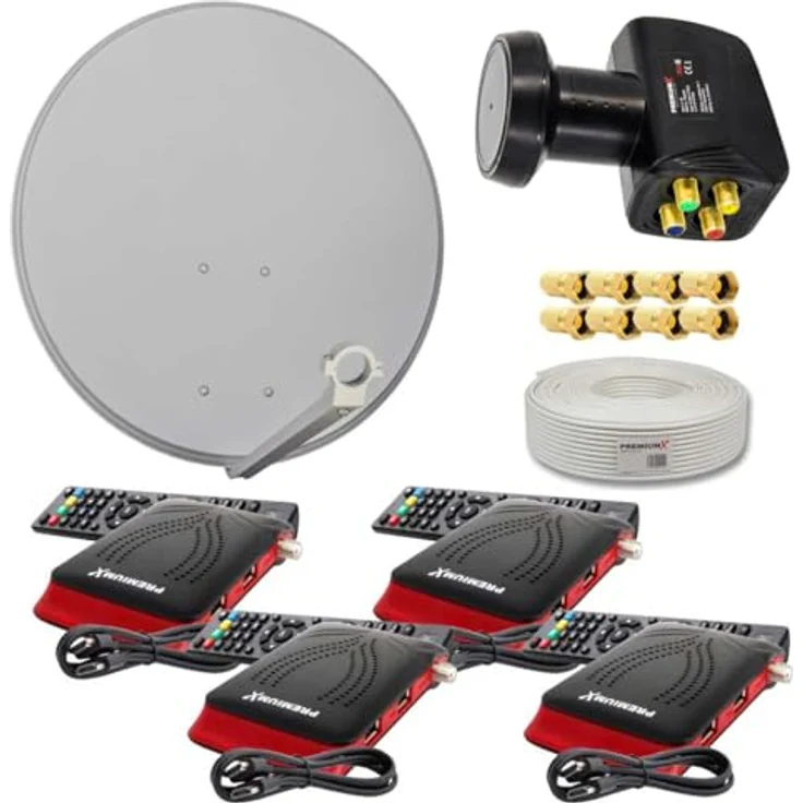 Premium X Satelliten-Komplettanlage 4 Teilnehmer 60cm Antenne Hellgrau Quad LNB 50m Kabel 4x HD TV SAT-Receiver HDMI-Kabel – Bild 1