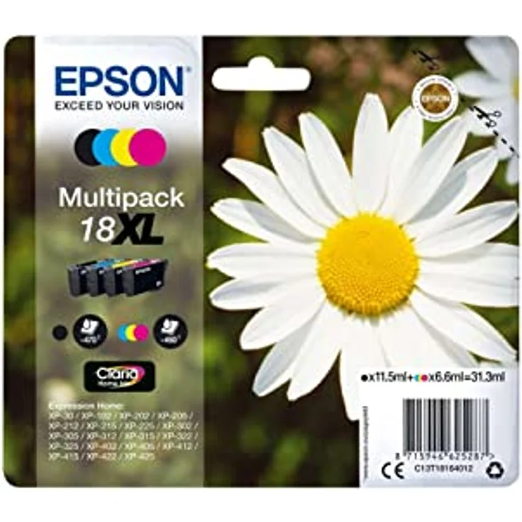 Epson Orginal 18XL Tinte Gänseblümchen, XP-305 XP-402 XP-215 XP-312 XP-315 XP-412 XP-415 XP-225 XP-322 XP-325 XP-422 XP-425, Normalverpackung, XL, (Multipack, 4-farbig) – Bild 3