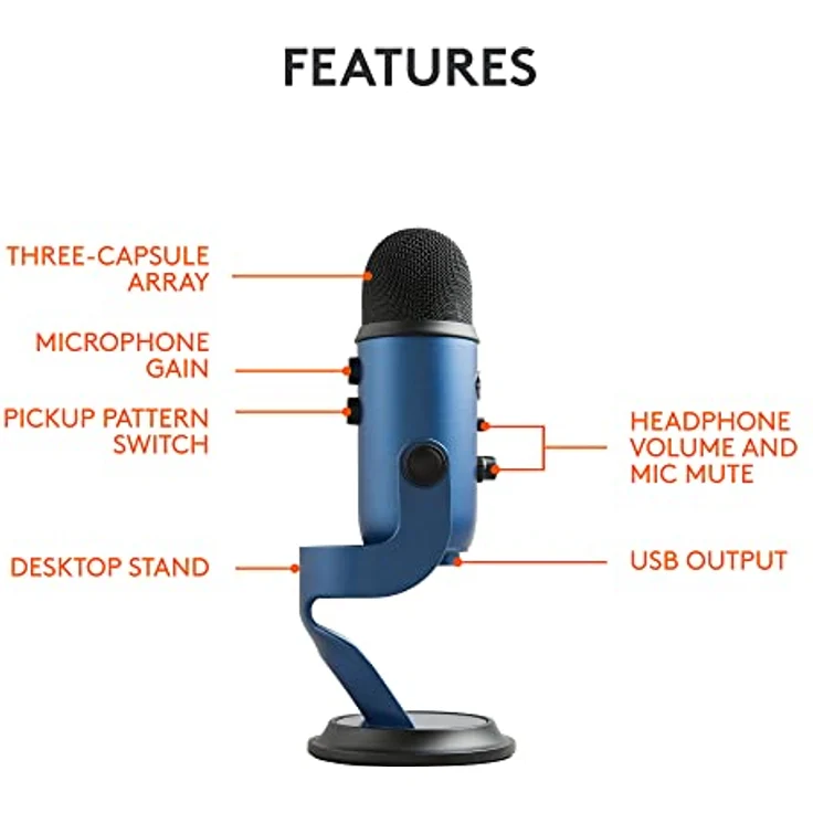 Blue Microphones Yeti USB-Mikrofon für Aufnahme und Streaming auf PC und Mac, verstellbares Stativ, Plug und Play - Mitternachts – Bild 6