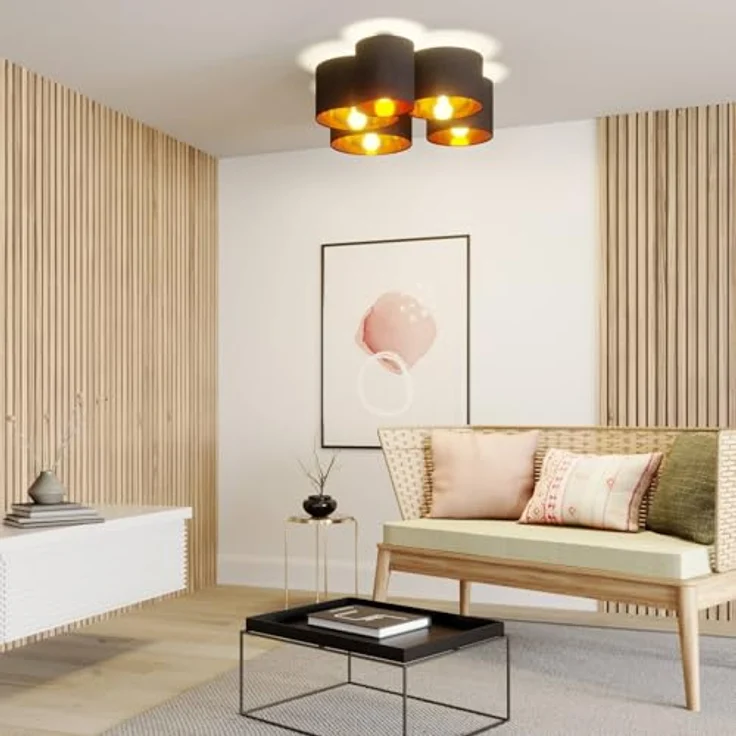 Lindby Stoff Deckenlampe Laurenz schwarz-gold, 5 Schirme Ø 20 25 28 30 32 cm 5x E27 max. 60W Textil Deckenleuchte ohne Leuchtmittel – Bild 5