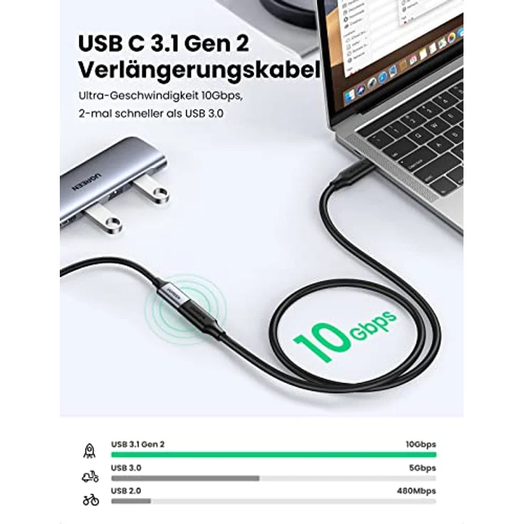 Ugreen Kabelverlängerungsadapter USB C auf USB C, 1m, 100W, 10Gb/s, schwarz – Bild 3