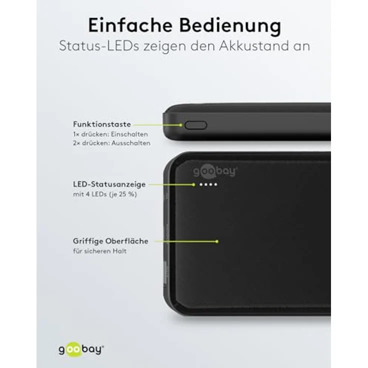 goobay 64591 Powerbank Slimline 10.000 mAh/Laden von bis zu 2 Geräten/USB A und USB C Anschluss/für iPhone, Airpods, Smartphone/Ladestation/flaches Design/Status LED/Schwarz – Bild 4