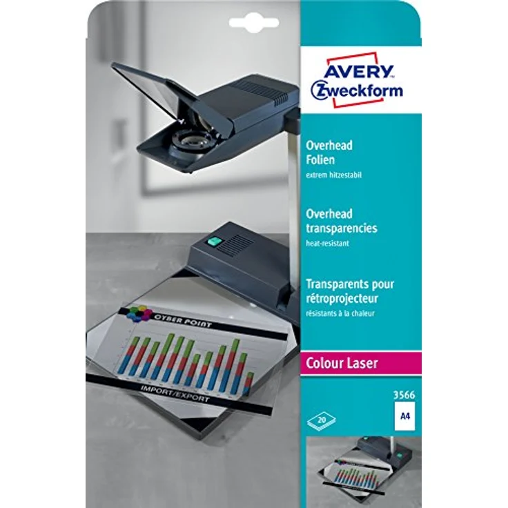 AVERY Zweckform 3566 Overhead-Folien für Farblaserdrucker (20 Transparentfolien, A4, spezialbeschichtet, stapelverarbeitbar, extrem hitzestabil durch erhöhte Folienstärke 0,13mm, lösemittelfrei) – Bild 2
