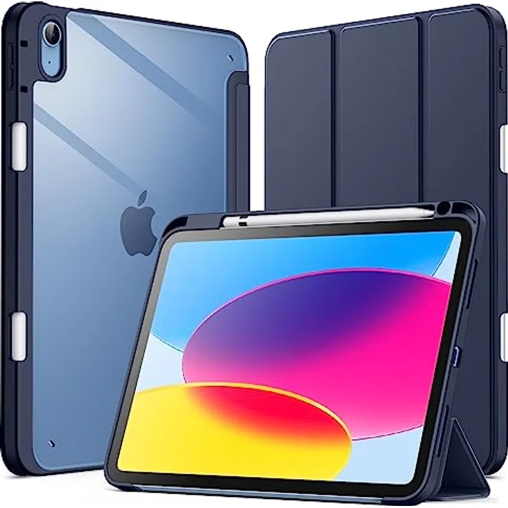 JETech Hülle für iPad (A16) 11./10. Gen, navy blau, mit klarer Kristallrückseite und eingebautem Pencil Halter, dreifach faltbare Abdeckung