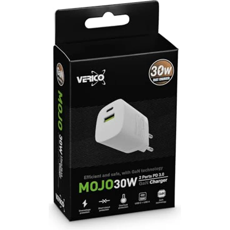 VERICO Power MOJO GaN 30W, 2 Port Ladegerät, PD3.0/QC3.0, 1 x USB-C, 1 x USB-A, Weiss – Bild 2