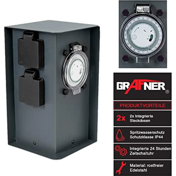Grafner Edelstahl Design Gartensteckdose Zeitschaltuhr 2 Steckdosen anthrazit, ON/Auto, 3600 Watt, Pulverbeschichtung, Energiesäule Timer Mehrfach Metall Außen Steckdose 2-Fach schwarz lackiert, IP44 wetterfest – Bild 2