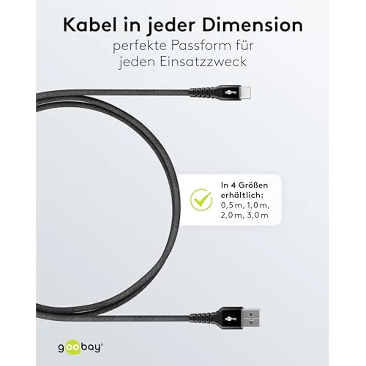 goobay USB-A auf USB-C 60W / 2m Flexibles Textilkabel 480 Mbits Ladekabel Schwarz - Samsung, Xiaomi, Google, Nothing Phone USB A auf C Kabel / Supersoft – Bild 5