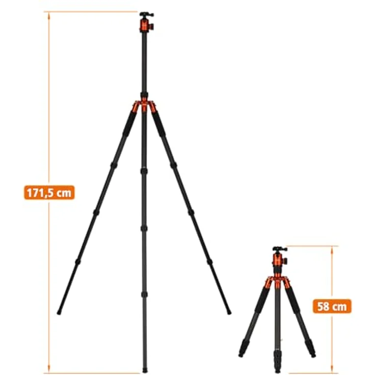 Rollei C6i Carbon Fotostativ: Kompakt, leicht, 3in1-Stativ mit Arca Swiss Kugelkopf, Monopod, Makrostativ, inkl Spikes und Tasche (Orange) – Bild 2