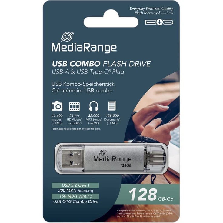Mediarange USB Stick Combo MR938-1, 128GB, silber, USB 3.2 Gen 1, USB-A & USB-C, Lesegeschwindigkeit bis zu 200 MB/s, Schreibgeschwindigkeit bis zu 150 MB/s
