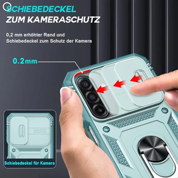 LeYi Fallschutz Hülle für Samsung Galaxy A17 5G, Slide Kameraklappe mit 2 Hartglasfolien, Metallständer, robustes grünes Cover – Bild 2