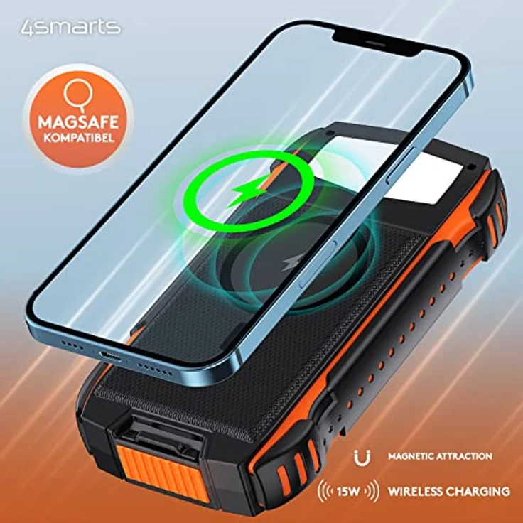 4smarts Powerbank 20000mah [Schwarz Orange] - Solar Powerbank mit Schnellladefunktion für mehrere Geräte gleichzeitig - Wireless Powerbank mit MagSafe & LED Lampe als Travel Essentials - Power Bank – Bild 3