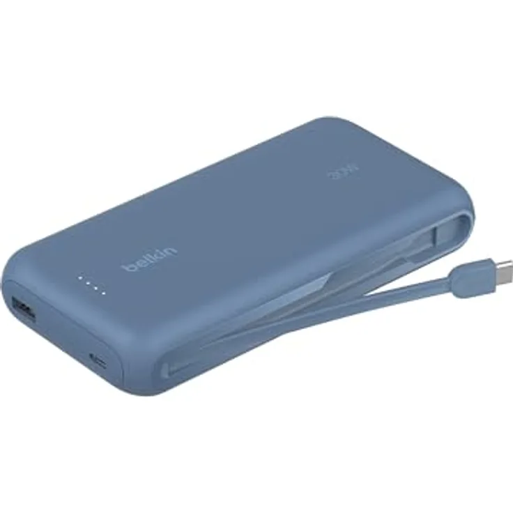 Belkin Portable Powerbank 20K PD 30W mit integriertem Kabel, USB-C Power Delivery, Blau