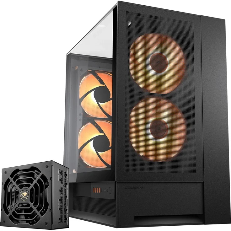 COUGAR Omnyx Midi-Tower schwarz, innovatives Gaming-Gehäuse mit USB-C 3.2 x2, USB-A 3.0 x4 und vorinstalliertem GR 1000 Netzteil 80+ Gold