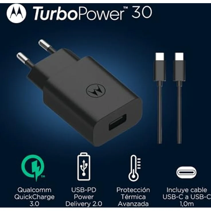 Motorola Turbopower 30-W-Schnellladegerät mit USB-PD QC 4.0-Technologie und 1 m USB-A-auf-USB-C-Kabel, universelle Kompatibilität, robust und sicher – Bild 4