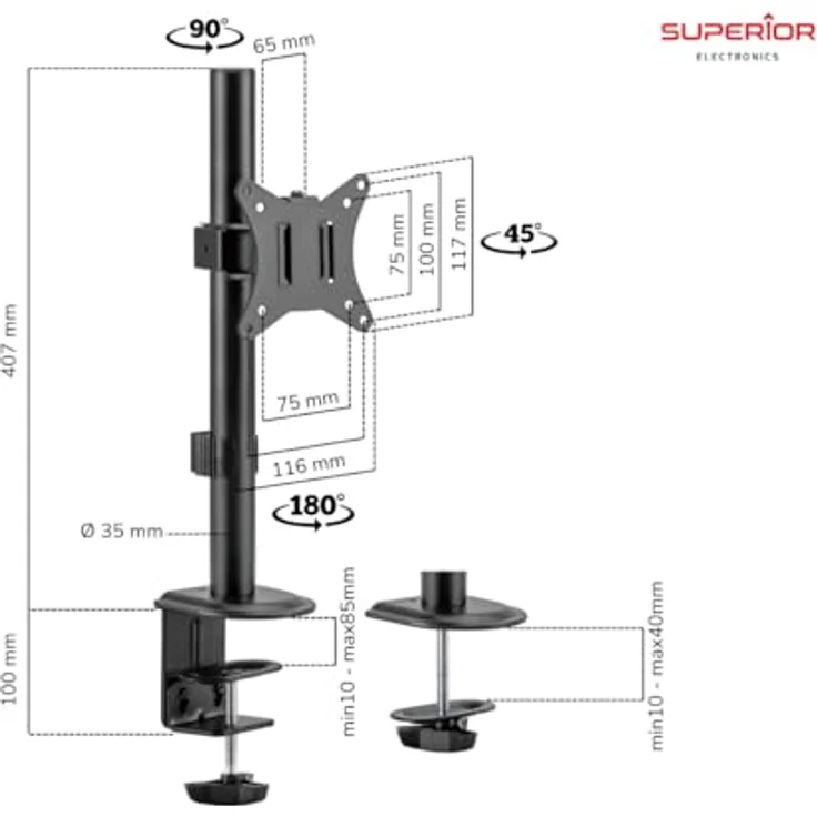 Superior Driak na Monitor 17-32" SINGLE, TV-Tischständer für VESA 75x75 und 100x100, neigbar und drehbar, bis 9 kg Belastbarkeit, höhenverstellbar, stabil aus Stahl – Bild 2