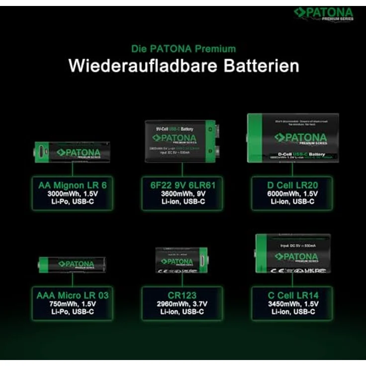 PATONA Mignon AA Akkus USB-C (4er Pack), 1,5V / 3000 mWh, 2000 mAh, Aufladbar über USB-C (350mA) - Praktisches Ladekabel mit 2 Anschlüssen – Bild 5
